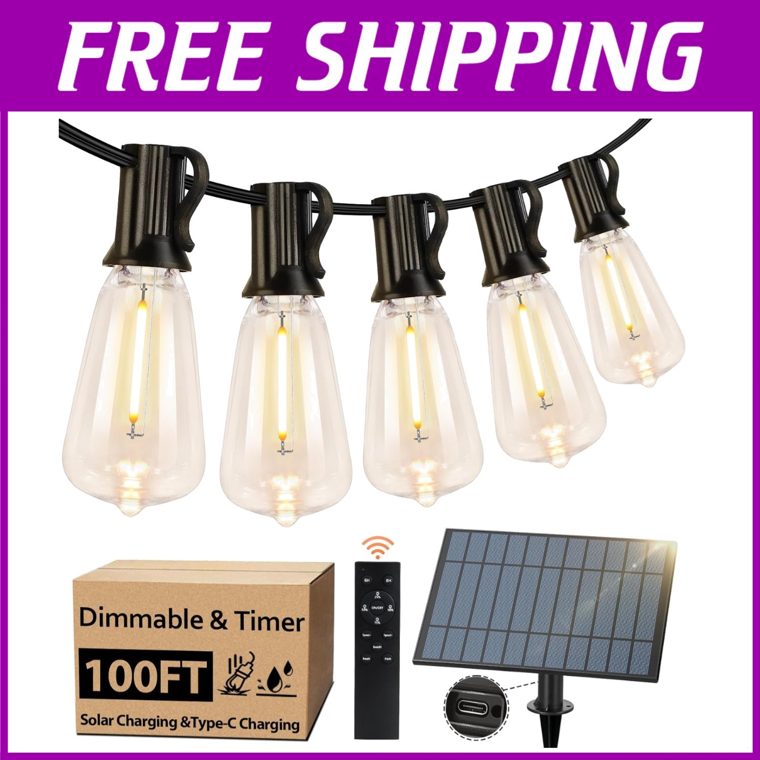 100FT Solar String Lights Outdoor with Dimmable Brightness & Timer