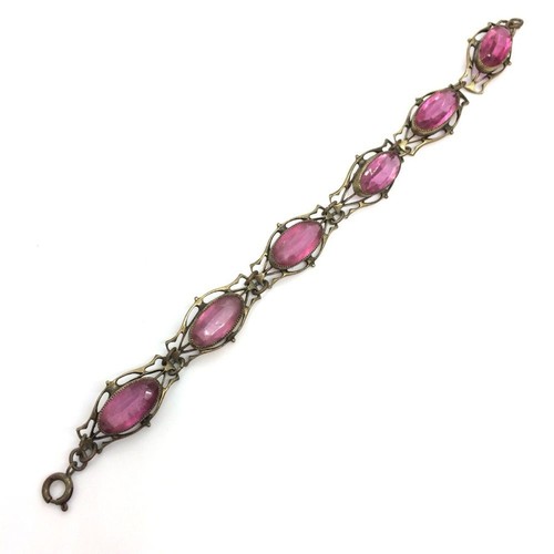 ANTIQUE VINTAGE PURPLE FACETED GLASS VICTORIAN BRASS BRACELET OPEN WORK LINK - Picture 3 of 16