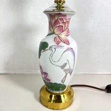 Vtg Porcelain Accent Lamp Chinoiserie Bird Lotus Flowers Hand Painted Asian 9”