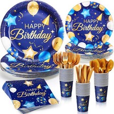 25 Sets Navy Blue Gold Birthday Tableware Plates Napkins Cups Cutlery
