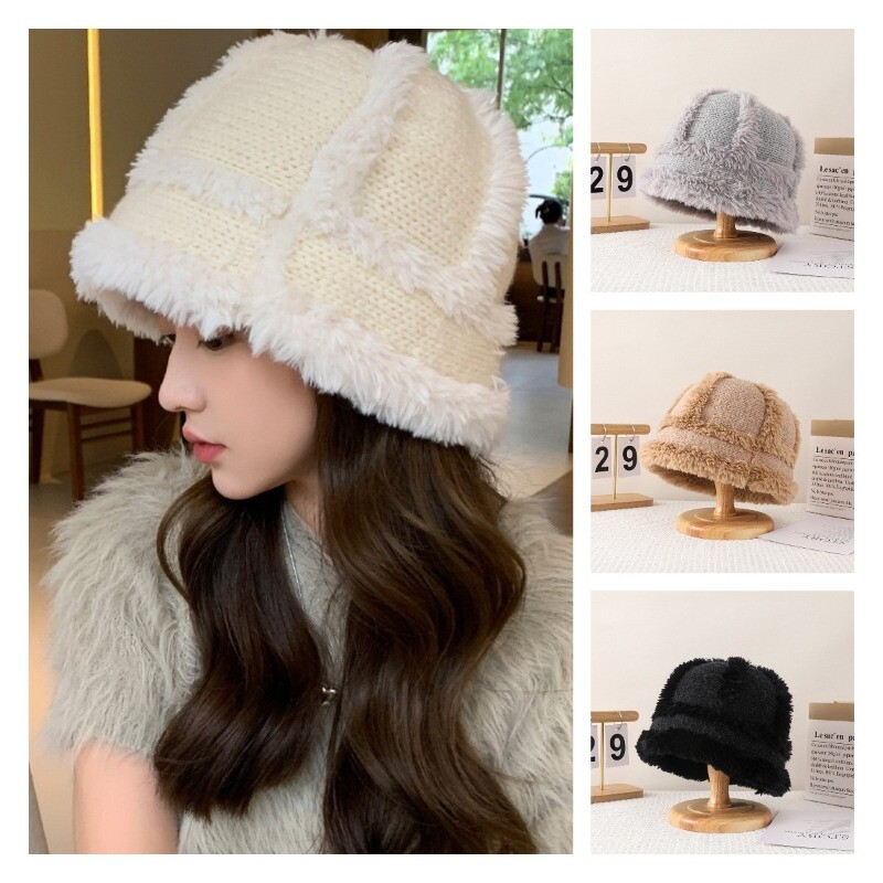 Women Knitted Bucket Hat Fishing Cap Winter Warm Faux Fur  display picture 1