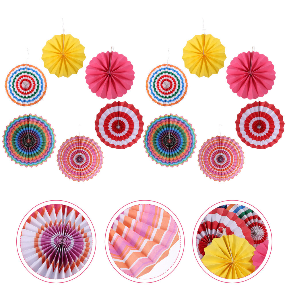 12PCS Hanging Round Paper Fans Party Layout Props Decorative Paper Fans