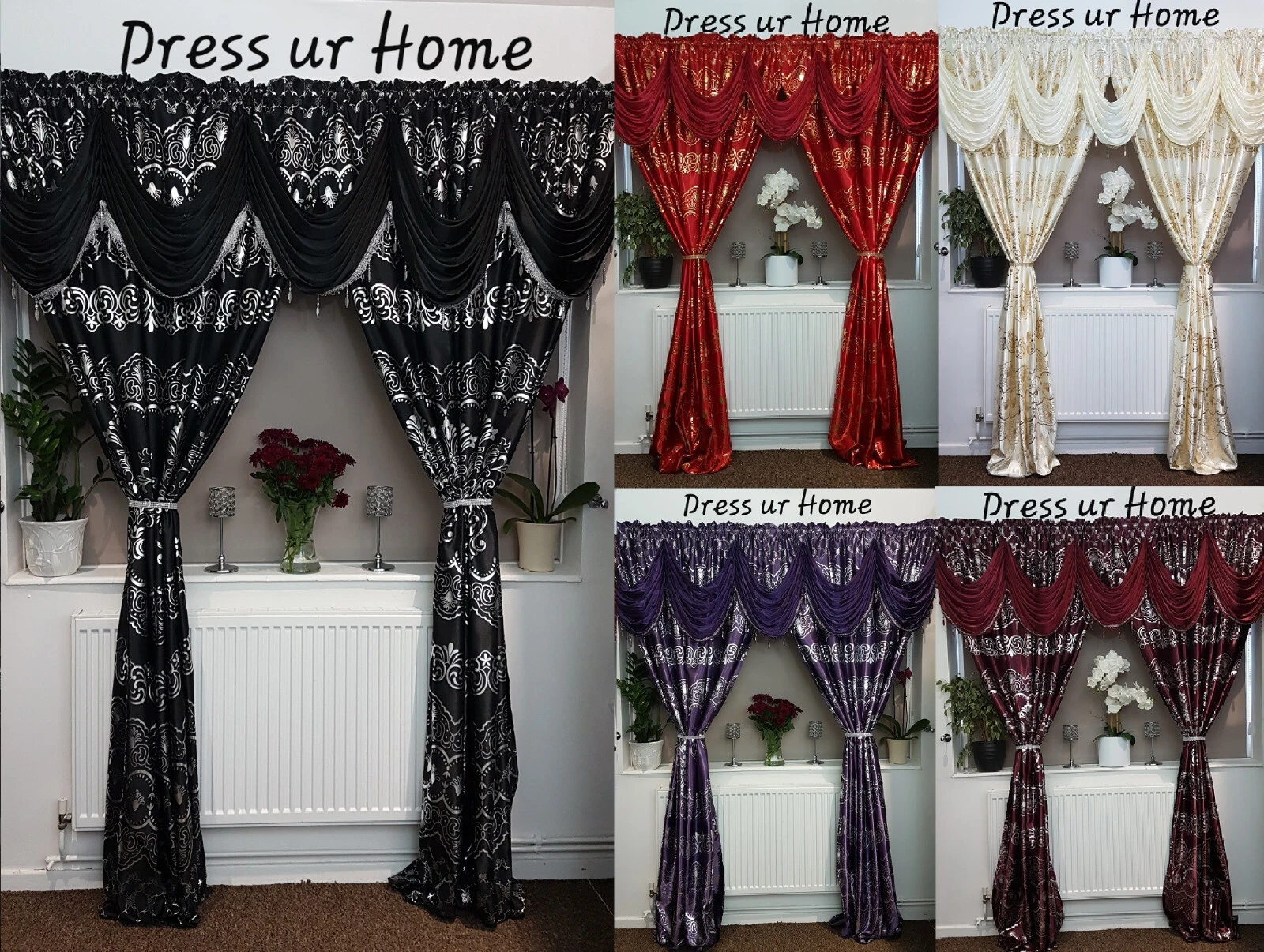 Novelty Grey/Brown/Red/Yellow Curtain Swags & Tails Gold Design with Tie-Backs