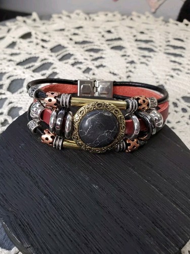 Genuine Leather & Howlite Multistrand Stainless Steel Bracelet