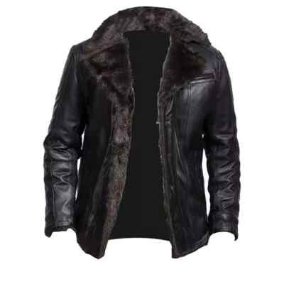 MEN'S AVIATOR REAL LEATHER JACKET SHEEP SKIN BLACK FUR BUTTON-UP JACKET SHIRT