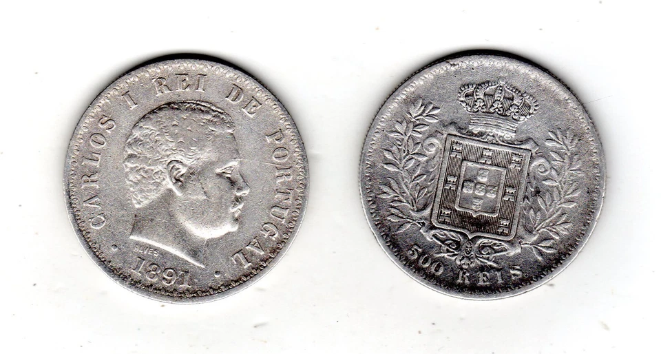 PORTUGAL 500 REIS 1891 ROI KING REI CARLOS I CHARLES ARGENT SILVER - Photo 1/1