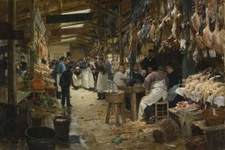 PARIS MARKET BUTCHER SHOP FRUITS VEGETABLES PAINTING BY VICTOR GILBERT REPRO 
