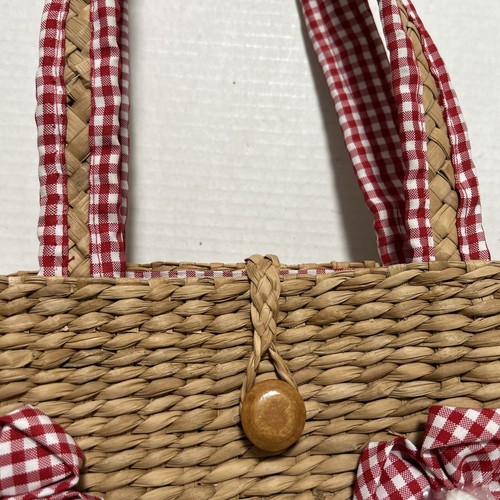 Strandtasche Damen 100 % Naturstroh rot Gingham Karofutter florale Akzente - Bild 10 von 24