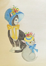 KW Needlepoint Hand Stitch Painted Canvas Gray Cat With Bow 18 Count New