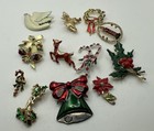 Vintage Christmas Brooch Pin Lot-  Lot Of 12 - Enamel Rhinestone