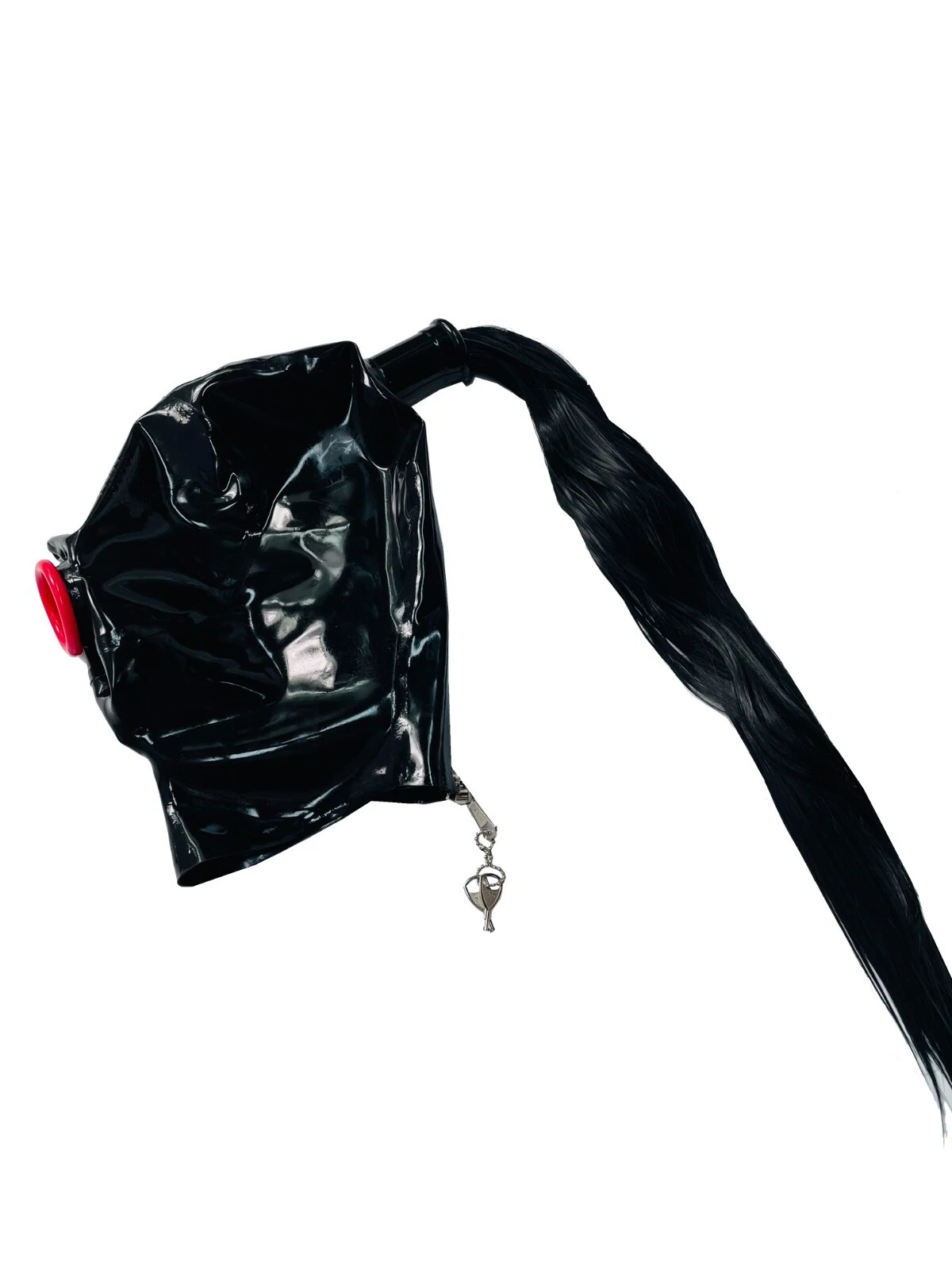 latex gummi mask with black wigs nose tube mouth sheath lock zip