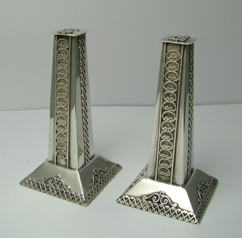 STERLING SILVER SALT & PEPPER SHAKERS SILVER FILIGREE TOWERS Israel ca1970s Rare - Picture 3 of 19
