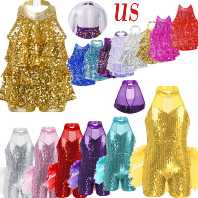 Kids Girls Shiny Sequins Ballet Dance Leotard Latin Stage Dancing Dress Outfits