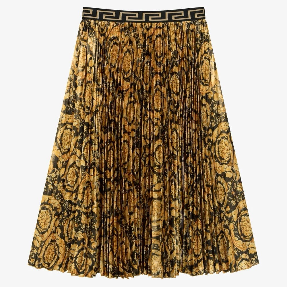 Versace — £677 VERSACE Black/Gold Laminated Twill Baroque Print Pleated Midi Skirt