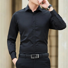 New Plus Size Shirt Men's Solid Color Business Casual Slim Fit White Long Sleeve