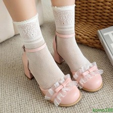 Women's Ankle Strap Faux Leather Sandals Block Heels Lace Bow Shoes Party Casual