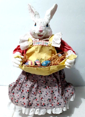Mrs Easter Bunny Gathering Easter Eggs in her Apron Plastic/Fabric 10 1/2'' Tall