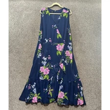 Talbots Maxi Dress Women 18W Blue Floral Sleeveless V Neck Ruffle Hem