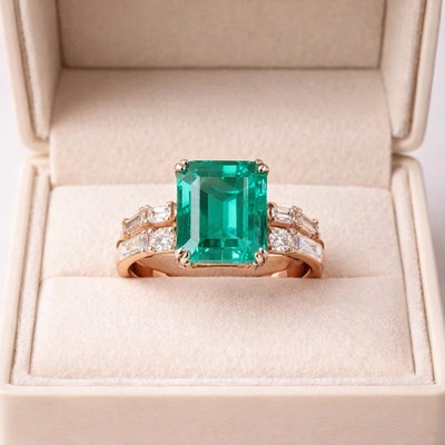 5.50 Ct Emerald Cut Emerald Diamond Valentine's Band Set Ring 14k Rose Gold 8