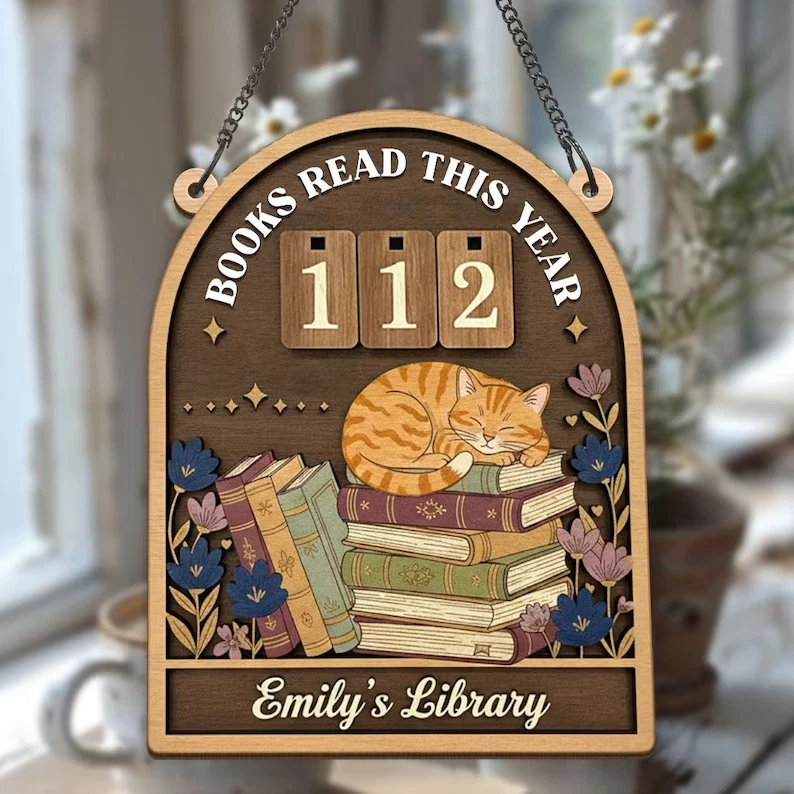 Personalized Cat Reading Tracker Sign, Personalized Wooden Book Counter