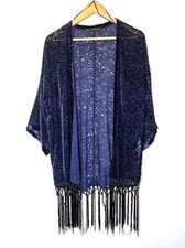 Zara Kimono Size M Velvet Navy Blue Black Burnout Devore Tassel Fringe Boho