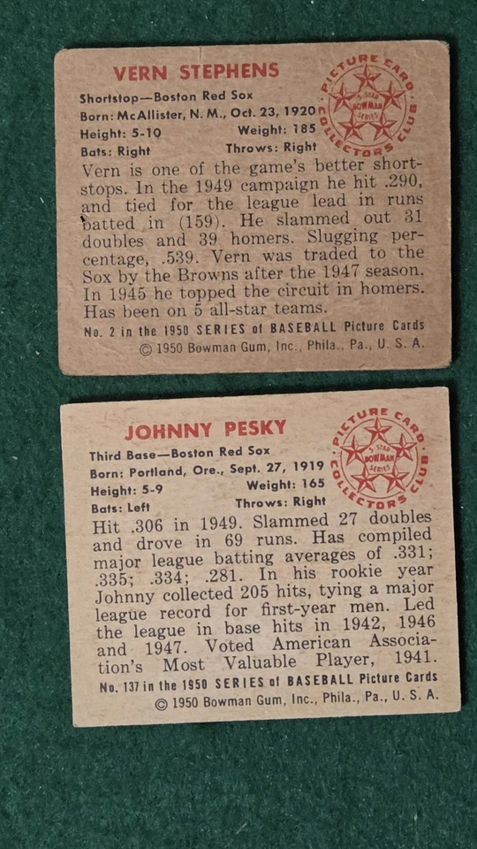 1950 Bowman Boston Red Sox Baseball Card Lot Vintage Johnny Pesky Vern Stephens - Image 2 of 2