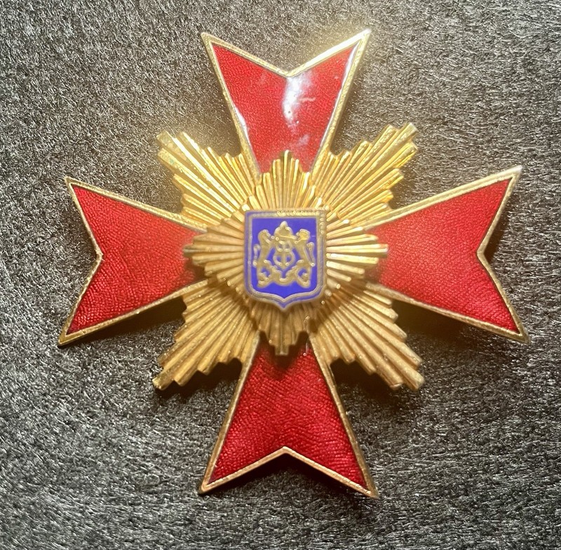Red Gold Military Style Cross Pin Badge with Blue Crest Militaria Theme