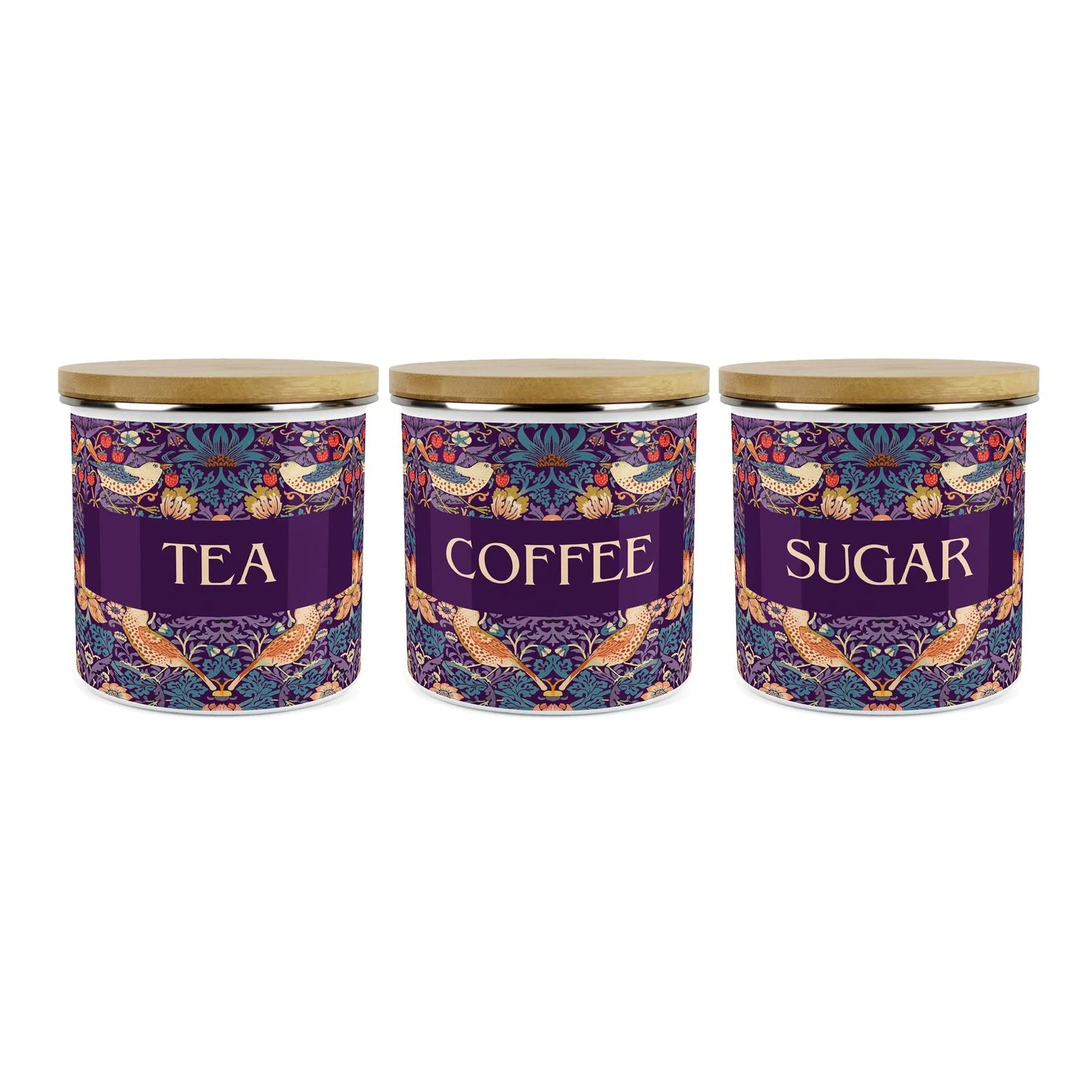 Purple Strawberry Thief Tea, Coffee & Sugar Canister Set - Kitchen Gifts