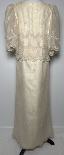 Vtg 80s Silk Organza Bridal Gown Sz M Pearl Embroidered Puff Sleeve Fairytale - Picture 2 of 23