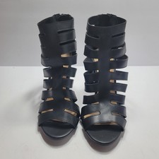 Sandalias al tobillo Bamboo Stash-39S negras enjauladas gladiador tacón bloque para mujer 8,5