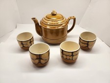 Teapot Tan Glaze Mid-century Ceramic Pottery Set With 4 Cups Made In Japan