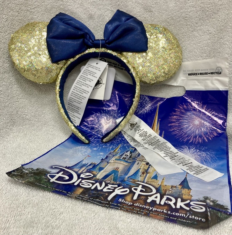 Disney Parks 50th Anniversary Ears Shimmer Gold Blue Minnie Ear Headband NWT