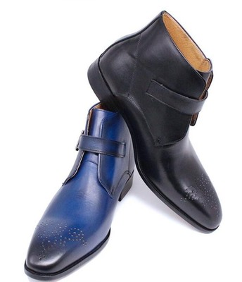 Men\'s leather boots buckle Chelsea pointed toe trendy high-top leather shoes Amazon.com | Men main image 4