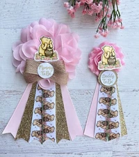 Classic Winnie The Pooh Baby Shower Corsage ,Mommy & Daddy Baby Shower Pin Set
