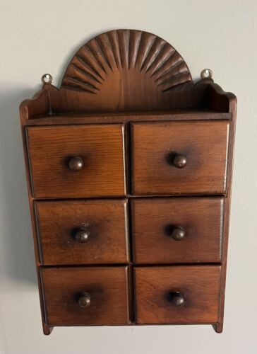 Vintage Mid Century Sunburst Six- Drawer Hanging Spice Wood Cabinet Farmhouse - Picture 2 of 7