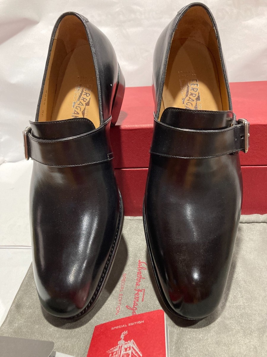 Ferragamo Mens Shoes Size-7EE Black Leather Monk Strap 