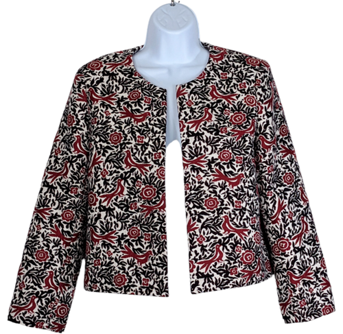 Ann Taylor Factory Embroidered Cream Red Black Cropped Tapestry Jacket Sz M