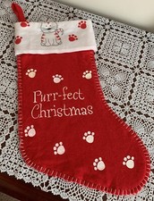 Cat Holiday Stocking Purr Fect Christmas Cat Paw Prints 16 Inch Red White Felt