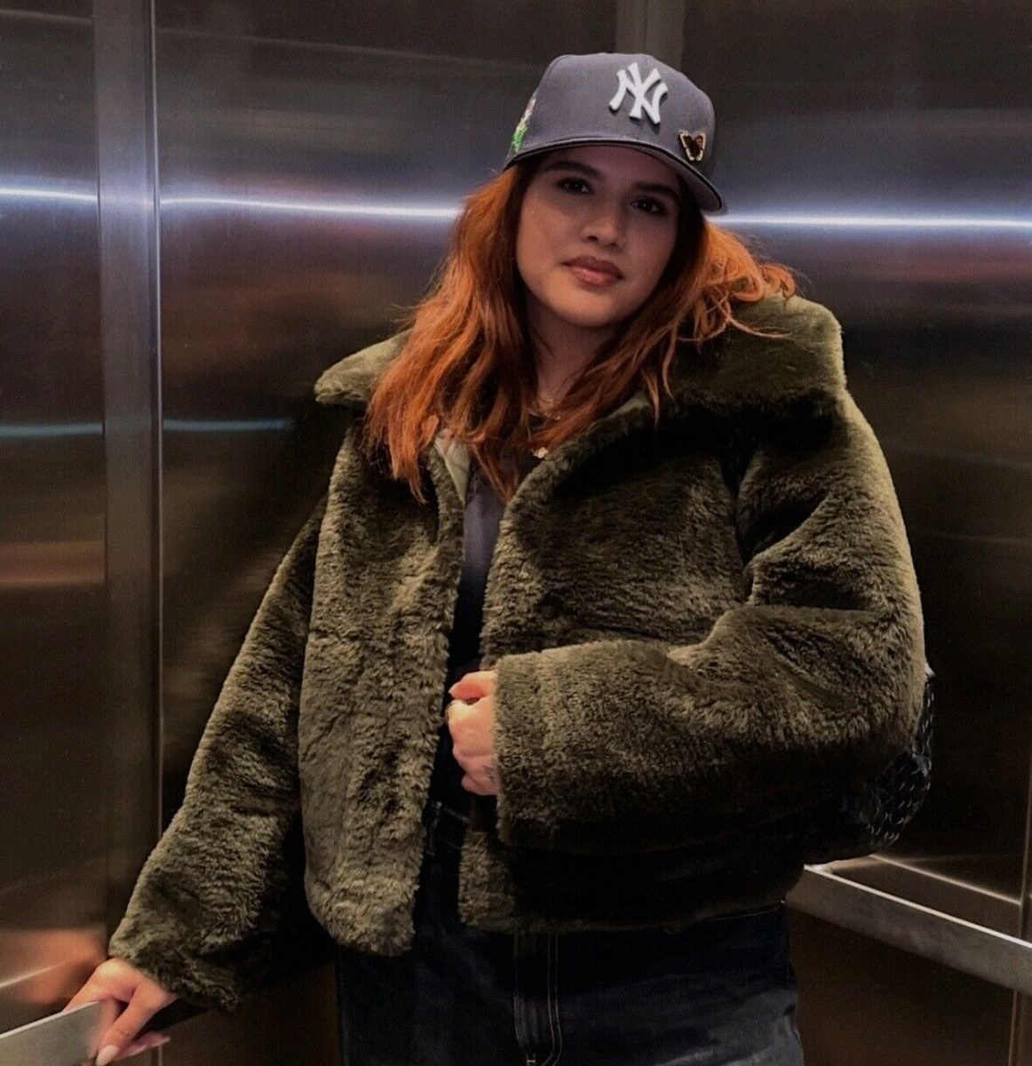 Zara Short Faux Fur Jacket Coat ZW Collection Khaki Green Size S L