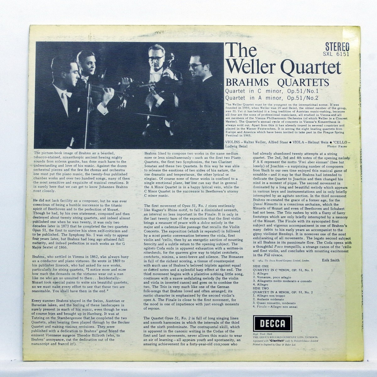 SXL 6151 WBg ED1 - WELLER QUARTET - BRAHMS quartets nos.1 & 2