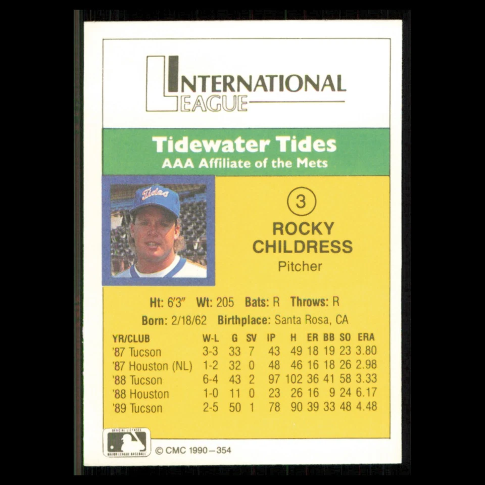 Rocky Childress #354 1990 CMC Minor League Tidewater Tides Baseball Card MLB NM - Image 2 of 3