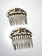 Vintage Enamel Hair Comb Cloisonne Clip Barrette Flower Bird Lot Gold Pair