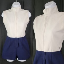 Vintage White  Navy Blue Sleeveless Shorts Romper w Mock Turtleneck Size XS 