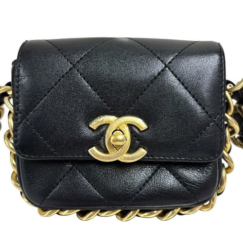 IA 088 CHANEL Matelasse Mini Flap Chain Shoulder Bag AS2833 Calfskin Black Gold