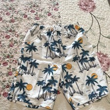 Boys Palm Tree Tropical Swim Shorts Size M White/Blue Elastic Waist Drawstring