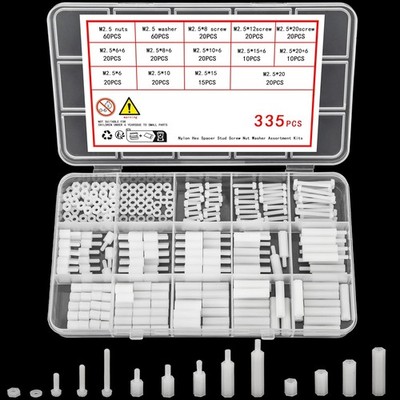 Nylon Abstandshalter Schrauben Set 335 Stück M2,5 weiß Platine PCB Distanzbolzen