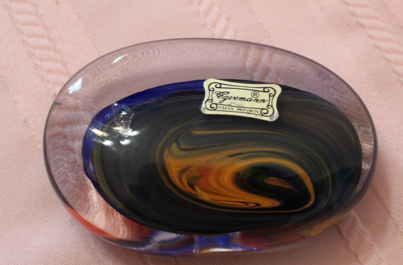 Egermann Art Glass Czech Bohemian Paperweight Blue Orange Yelo