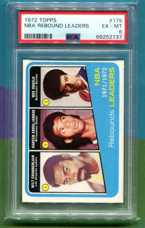 REBOUNDS LEADERS 1972 TOPPS NBA BASKETBALL CARD #175 PSA 6 WILT KAREEM WES