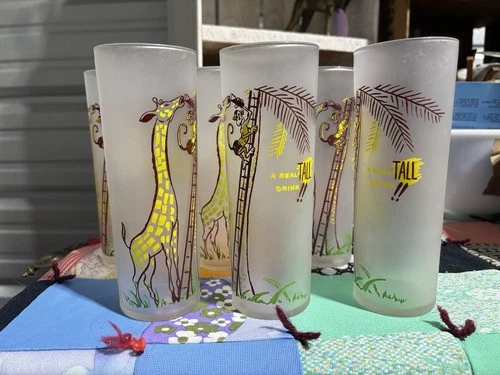 Vintage Frosted Glass Tumblers  Federal Glass Giraffe Monkey Mid Century SET