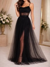 Windsor Black Tulle Cutout Waist Spaghetti Strap Leg Slit Formal Gown Large